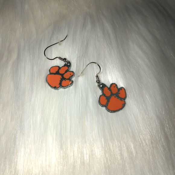 Orange Silver Clemson Tiger Paw Earrings
